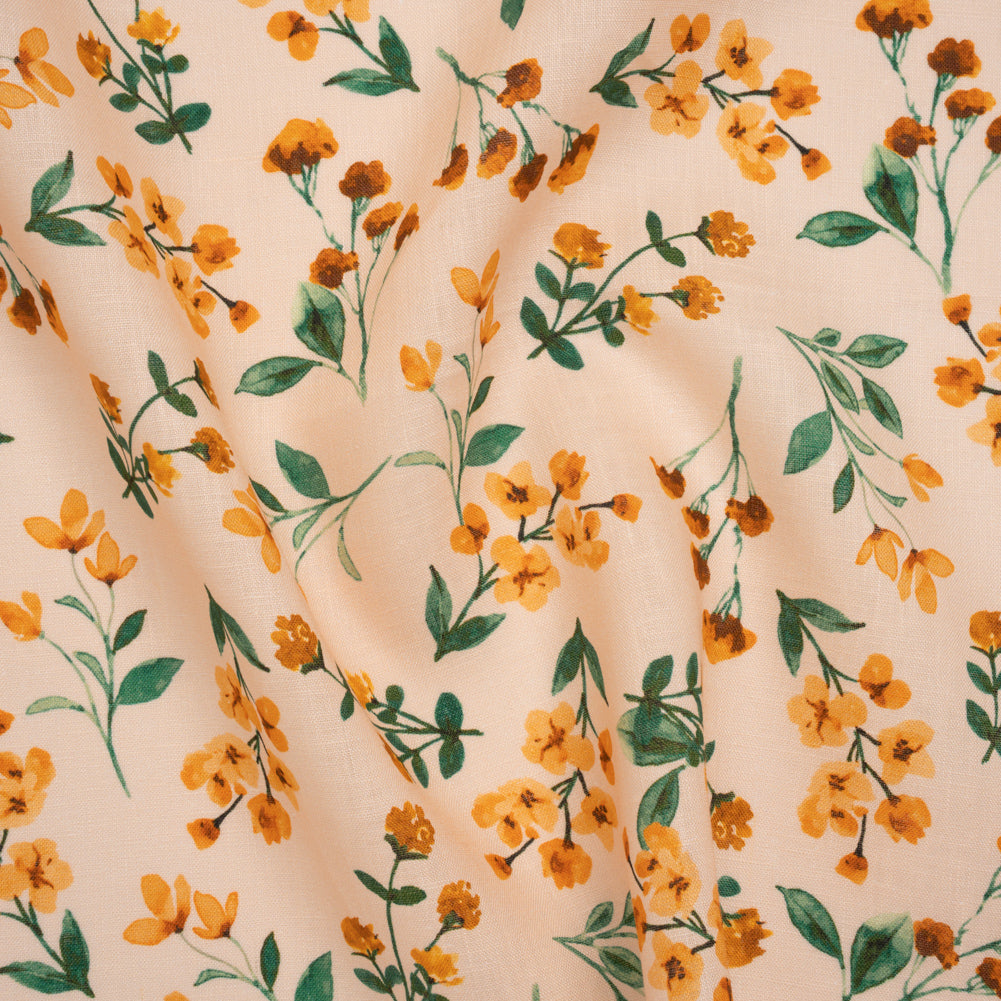 Medium Weight Linen Woven Print - Peach, Orange and Emerald Green Little Flower Bunches Medium Weight Linen Woven Print - Peach, Orange and Emerald Green Little Flower Bunches