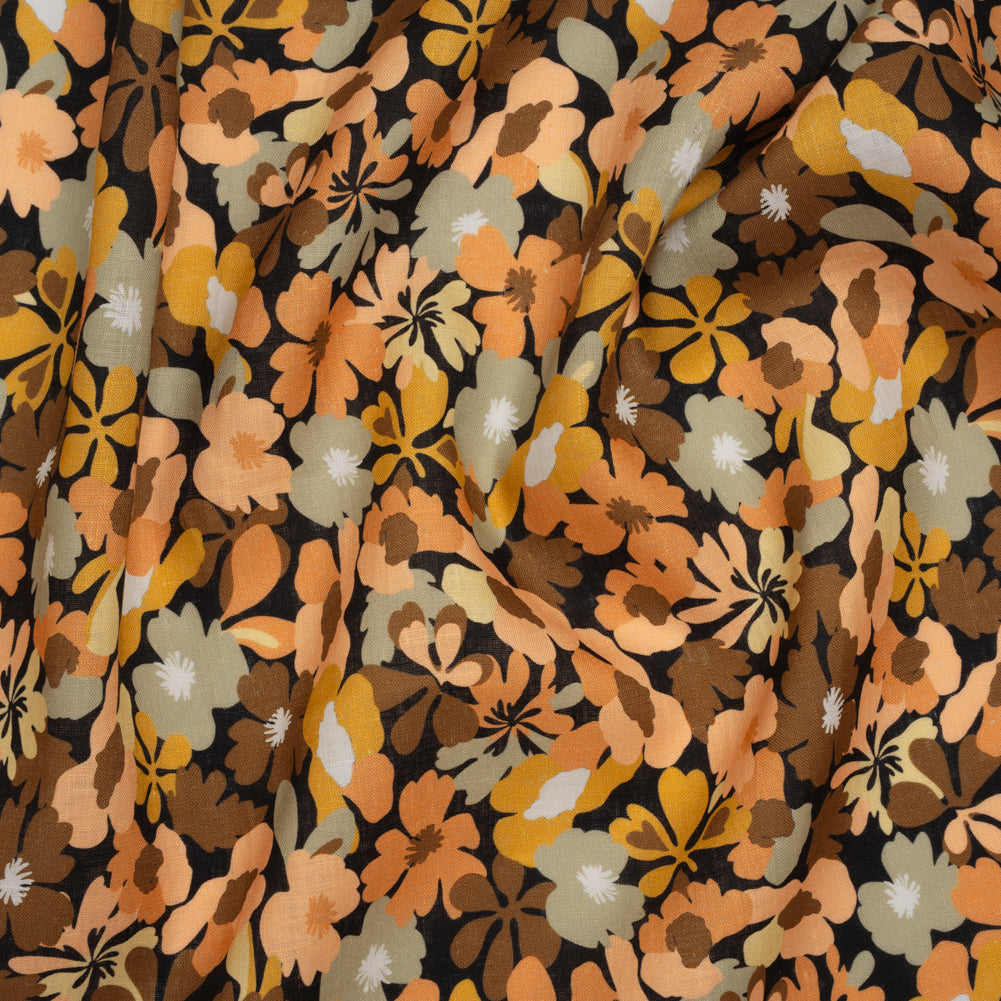Medium Weight Linen Woven Print - Brown, Sage and Peach Floral Medium Weight Linen Woven Print - Brown, Sage and Peach Floral