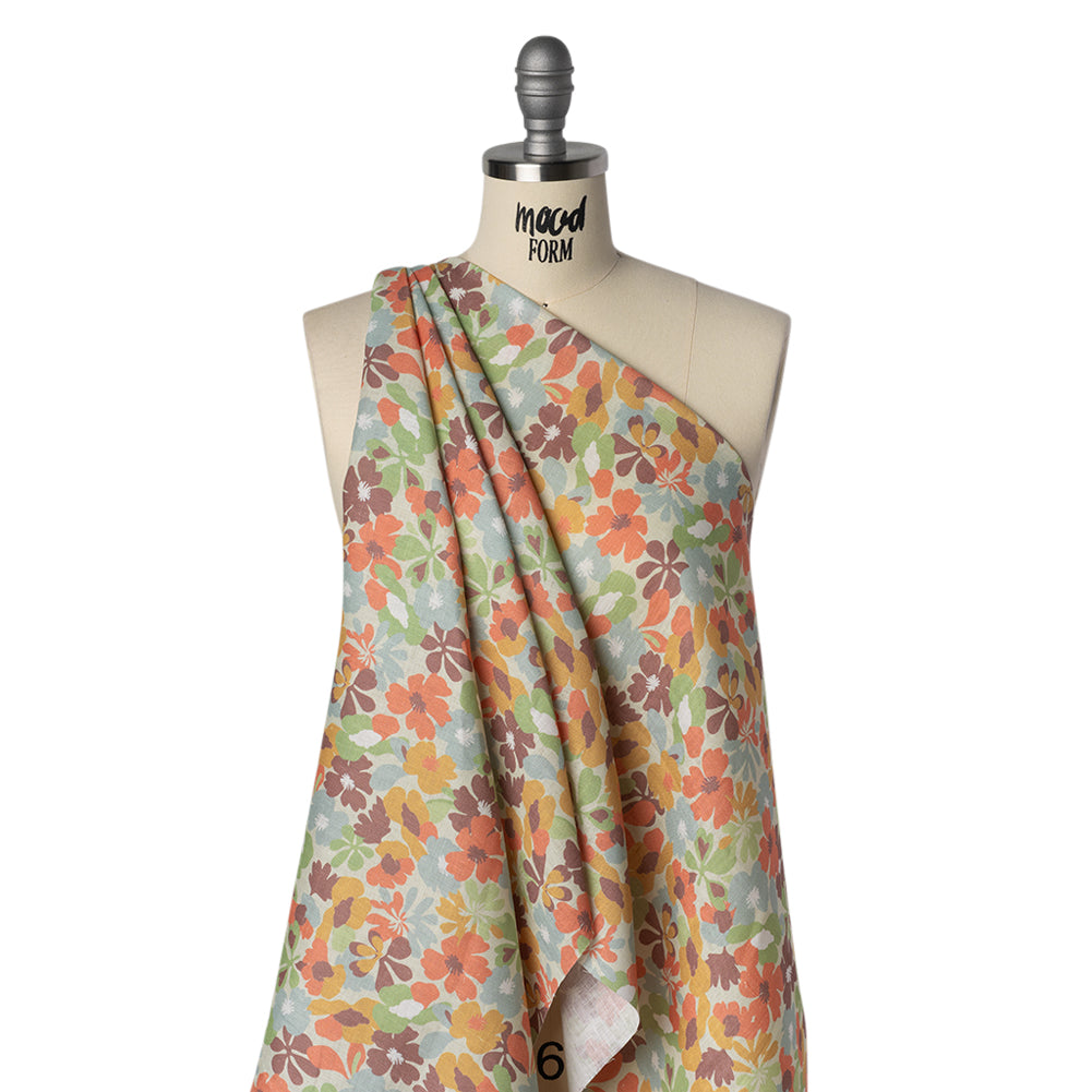 Medium Weight Linen Woven Print - Pale Green, Taupe, and Coral Floral Medium Weight Linen Woven Print - Pale Green, Taupe, and Coral Floral
