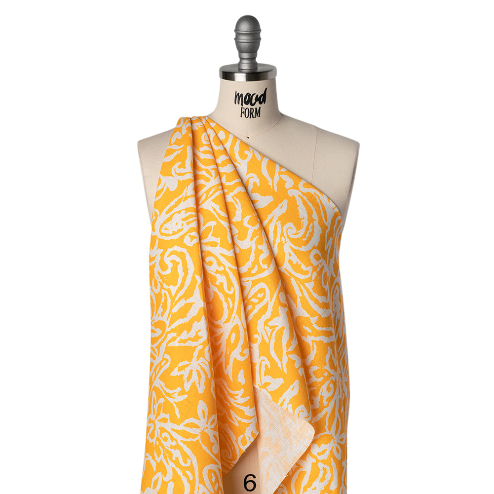 Medium Weight Linen Woven Print - Sun Yellow and White Rustic Floral and Paisley Medium Weight Linen Woven Print - Sun Yellow and White Rustic Floral and Paisley