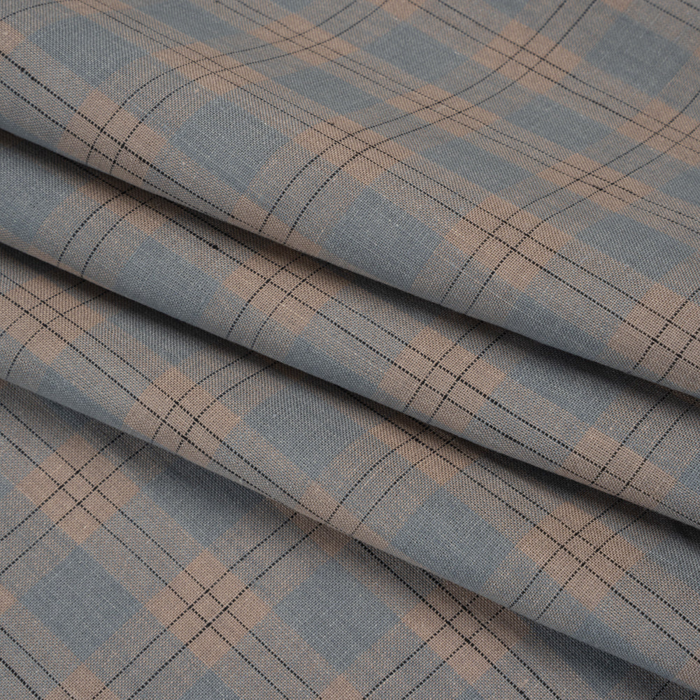 Medium Weight Linen Woven - Muted Blue, Taupe and Black Plaid Medium Weight Linen Woven - Muted Blue, Taupe and Black Plaid