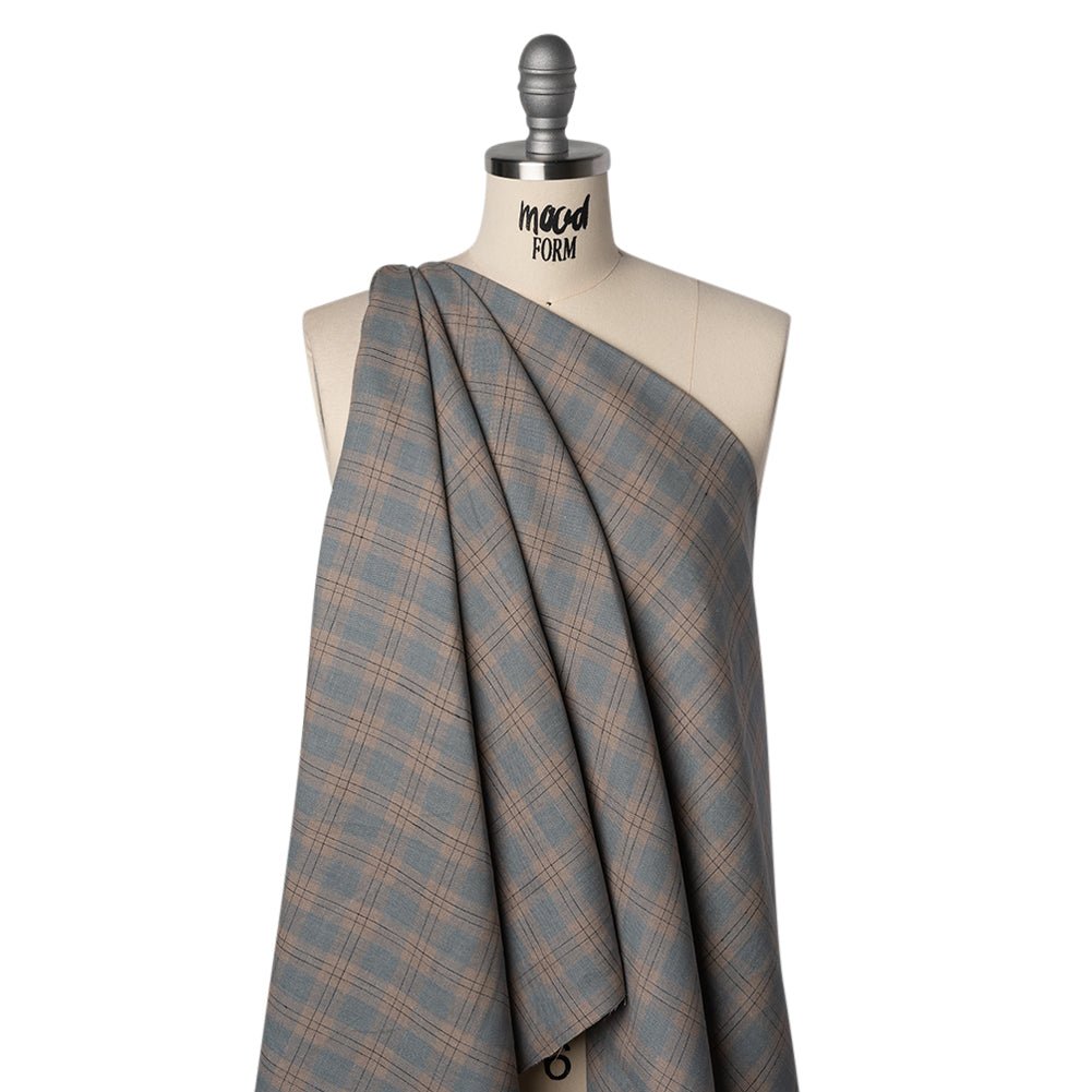 Medium Weight Linen Woven - Muted Blue, Taupe and Black Plaid Medium Weight Linen Woven - Muted Blue, Taupe and Black Plaid