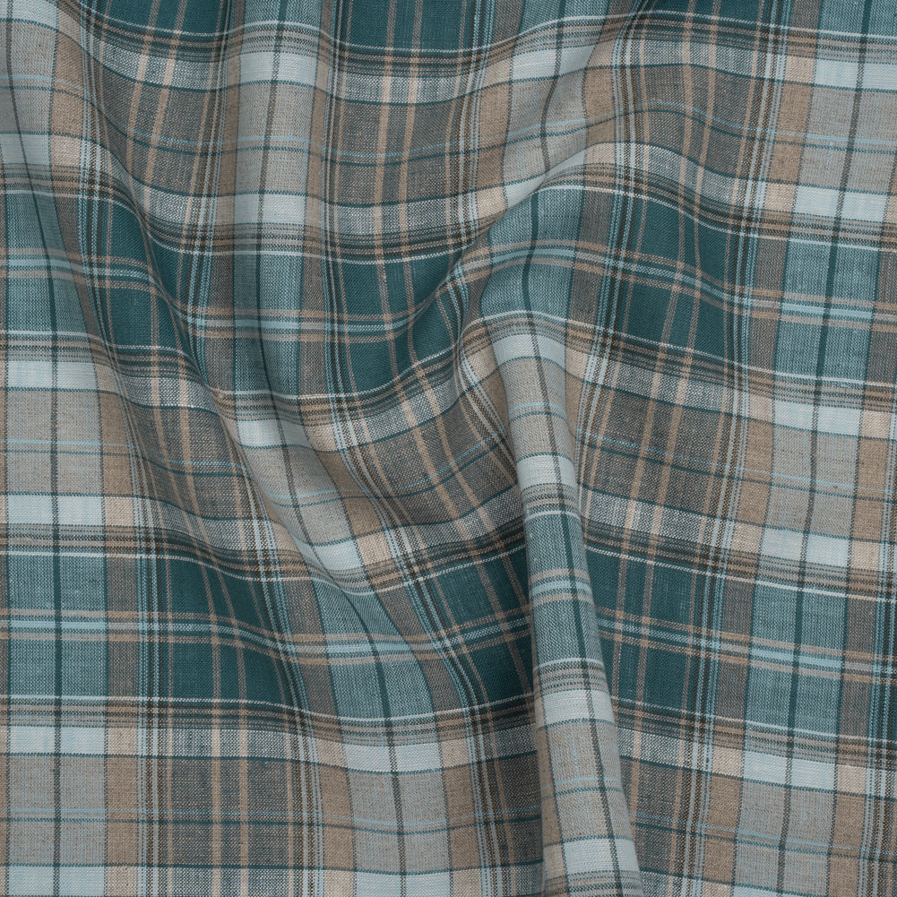 Medium Weight Linen Woven - Teal, Beige and White Plaid Medium Weight Linen Woven - Teal, Beige and White Plaid