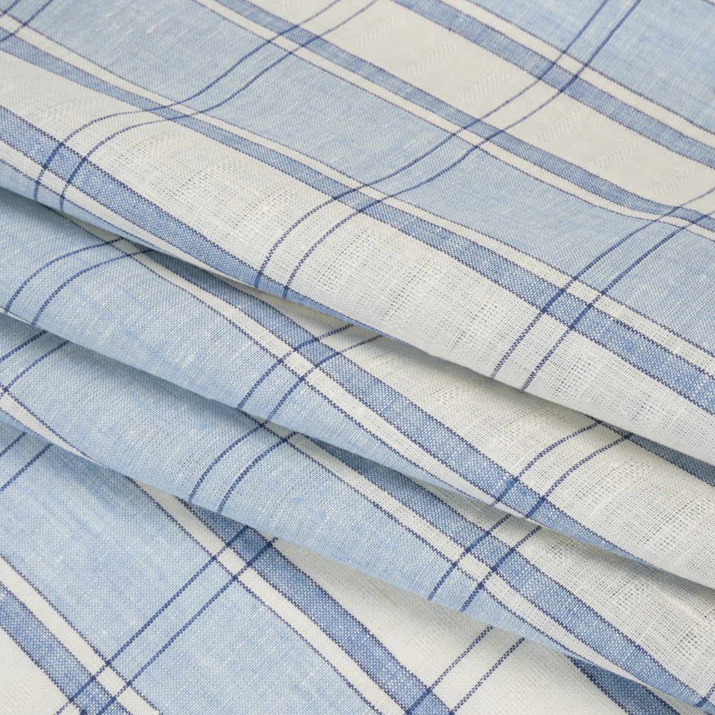 Lightweight Linen Dobby - Light Blue and Cream Plaid with Basketweave Details Lightweight Linen Dobby - Light Blue and Cream Plaid with Basketweave Details