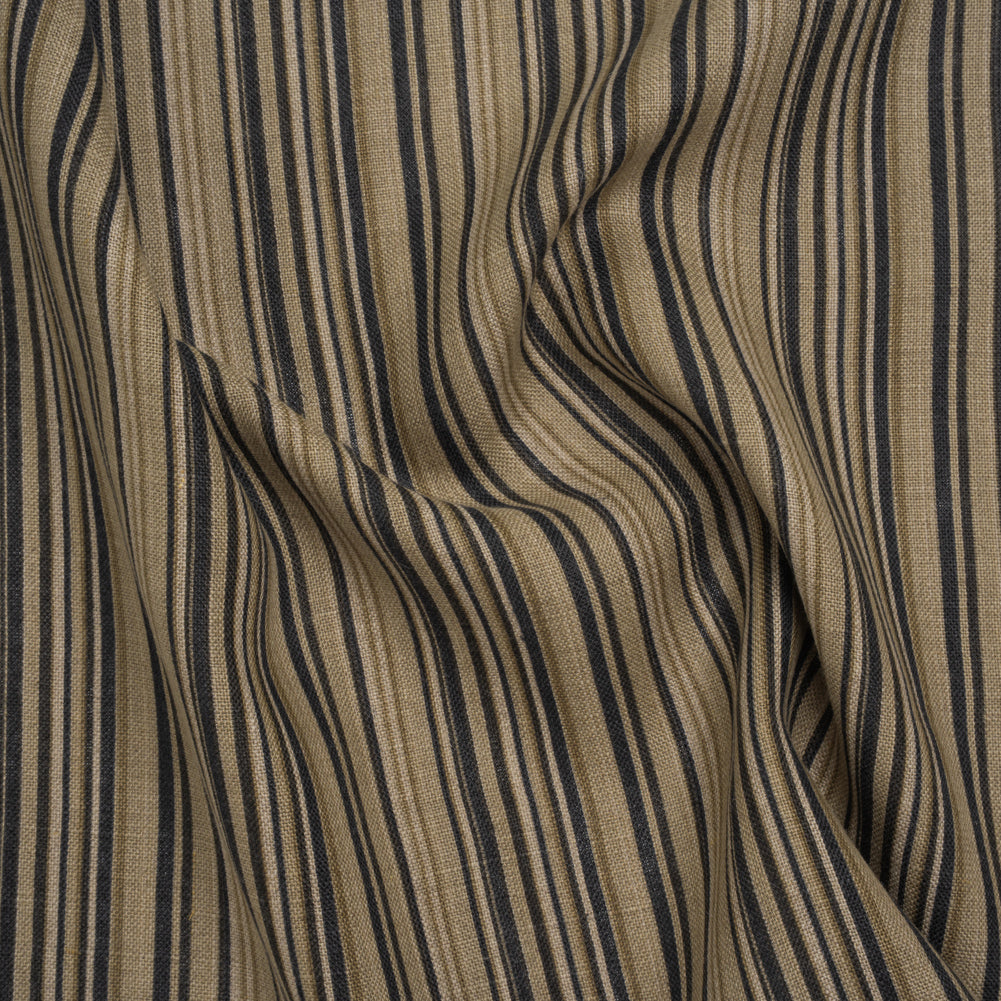 Medium Weight Linen Woven Print - Black, Olive Green and Beige Barcode Stripes Medium Weight Linen Woven Print - Black, Olive Green and Beige Barcode Stripes