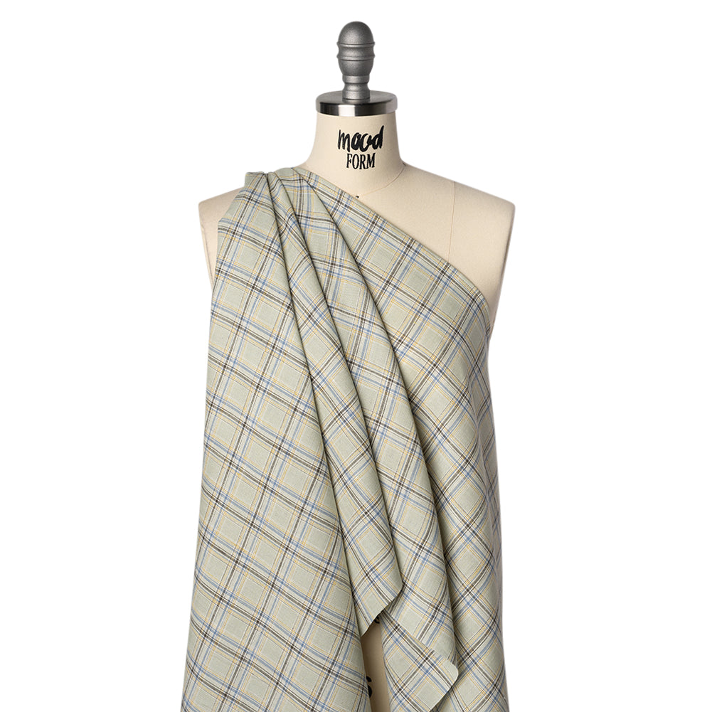 Medium Weight Linen Woven - Light Sage, Yellow and Country Blue Plaid Medium Weight Linen Woven - Light Sage, Yellow and Country Blue Plaid