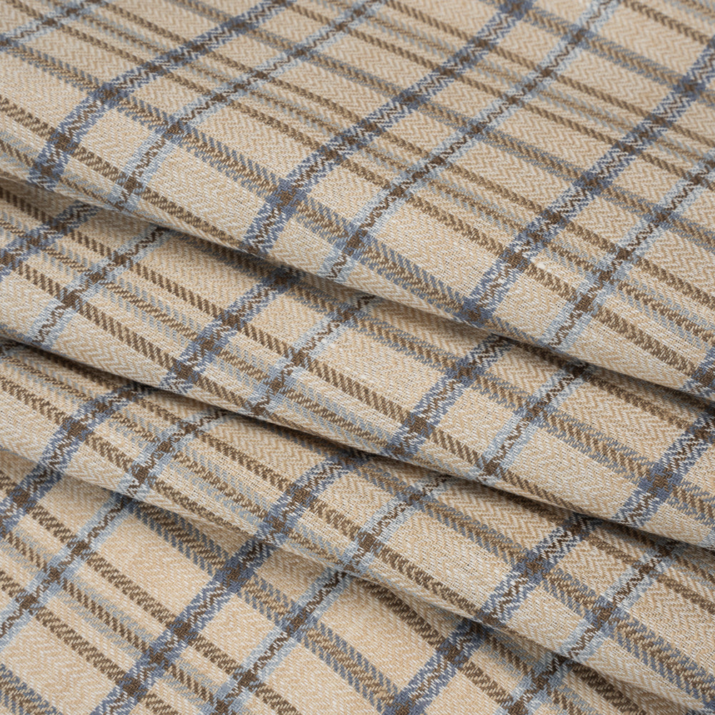 Linen Herringbone Twill - Beige, Blue and Brown Plaid Linen Herringbone Twill - Beige, Blue and Brown Plaid