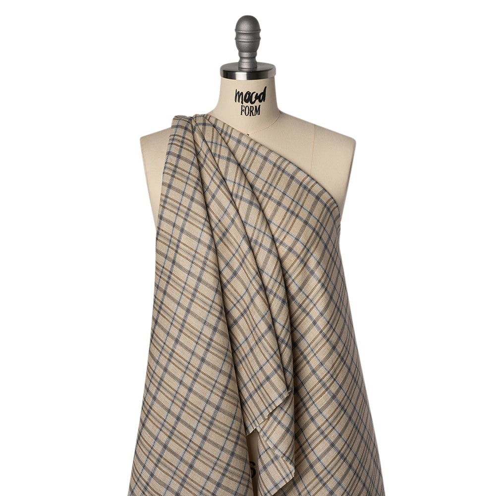 Linen Herringbone Twill - Beige, Blue and Brown Plaid Linen Herringbone Twill - Beige, Blue and Brown Plaid