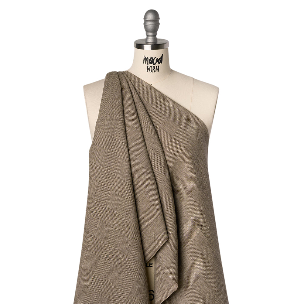 Medium Weight Linen Woven - Brown and White Glen Plaid Drape Medium Weight Linen Woven - Brown and White Glen Plaid Drape