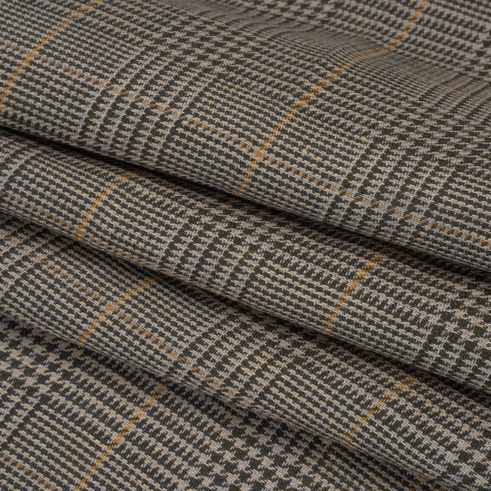 Linen Twill - Dark Olive, Pale Blue and Yellow Ochre Glen Plaid Folded Linen Twill - Dark Olive, Pale Blue and Yellow Ochre Glen Plaid Folded