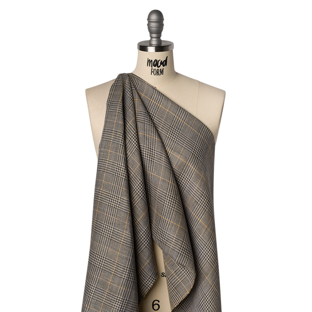 Linen Twill - Dark Olive, Pale Blue and Yellow Ochre Glen Plaid Drape Linen Twill - Dark Olive, Pale Blue and Yellow Ochre Glen Plaid Drape