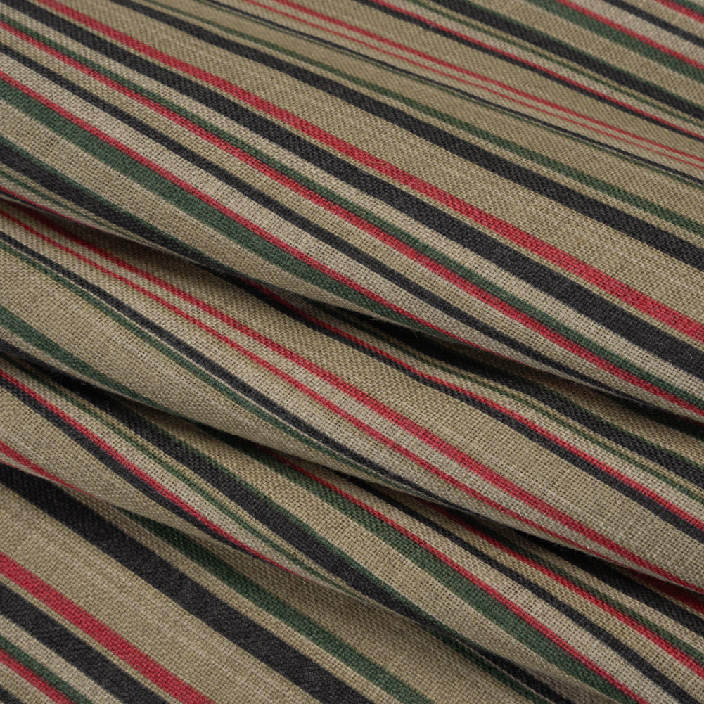 Medium Weight Linen Woven Print - Red, Green and Black Barcode Stripes on Oatmeal Folded Medium Weight Linen Woven Print - Red, Green and Black Barcode Stripes on Oatmeal Folded