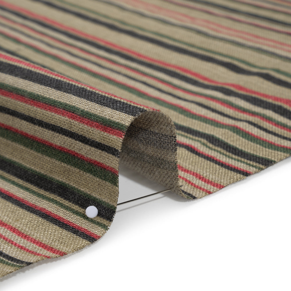 Medium Weight Linen Woven Print - Red, Green and Black Barcode Stripes on Oatmeal Detail Medium Weight Linen Woven Print - Red, Green and Black Barcode Stripes on Oatmeal Detail