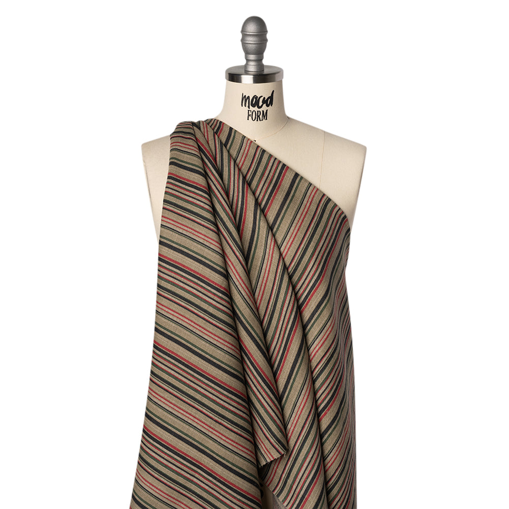 Medium Weight Linen Woven Print - Red, Green and Black Barcode Stripes on Oatmeal Drape Medium Weight Linen Woven Print - Red, Green and Black Barcode Stripes on Oatmeal Drape