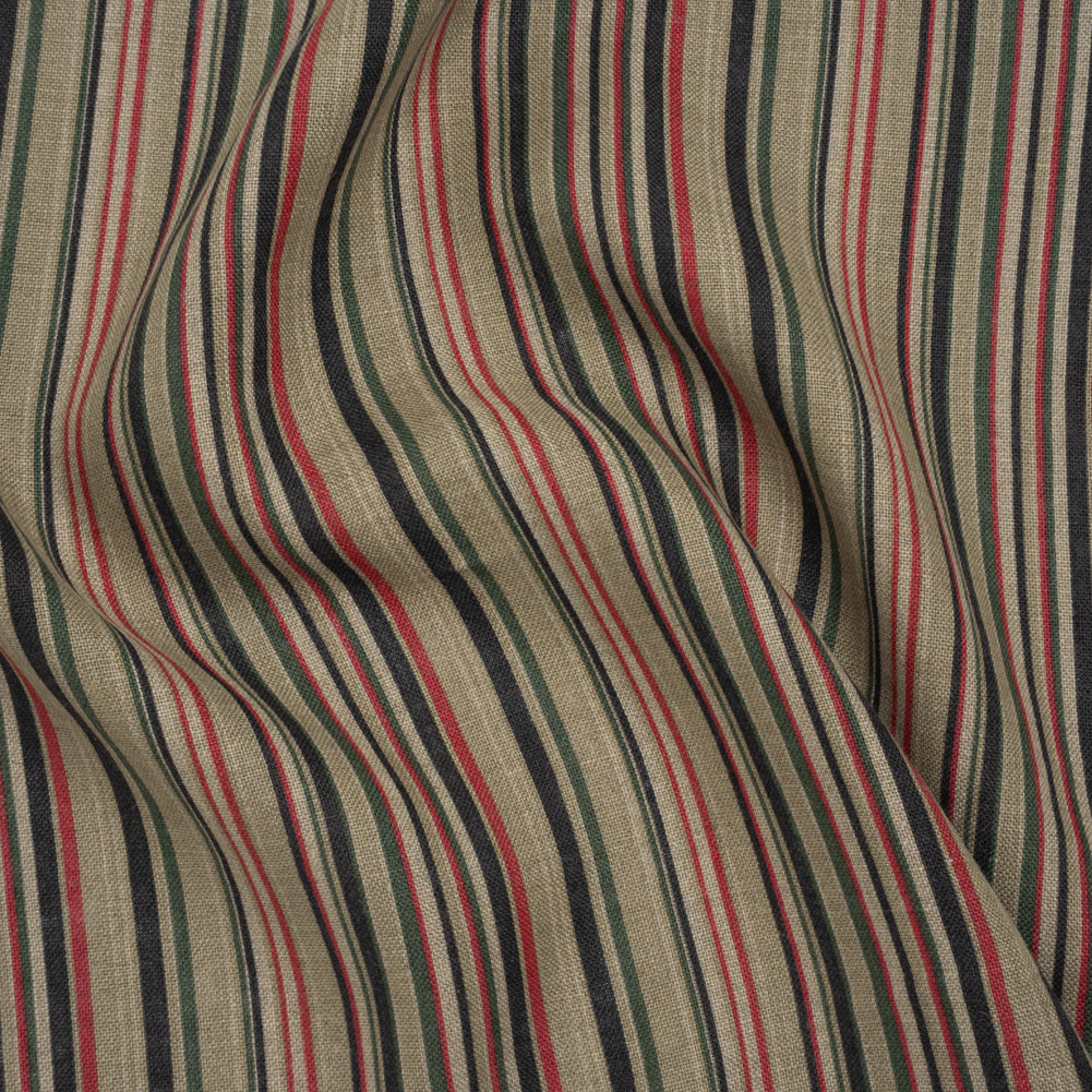 Medium Weight Linen Woven Print - Red, Green and Black Barcode Stripes on Oatmeal Medium Weight Linen Woven Print - Red, Green and Black Barcode Stripes on Oatmeal