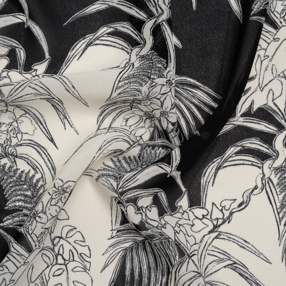 Viscose Georgette Print - Black and Light Cream Amazon Floral Foliage - Designer Deadstock Viscose Georgette Print - Black and Light Cream Amazon Floral Foliage - Designer Deadstock