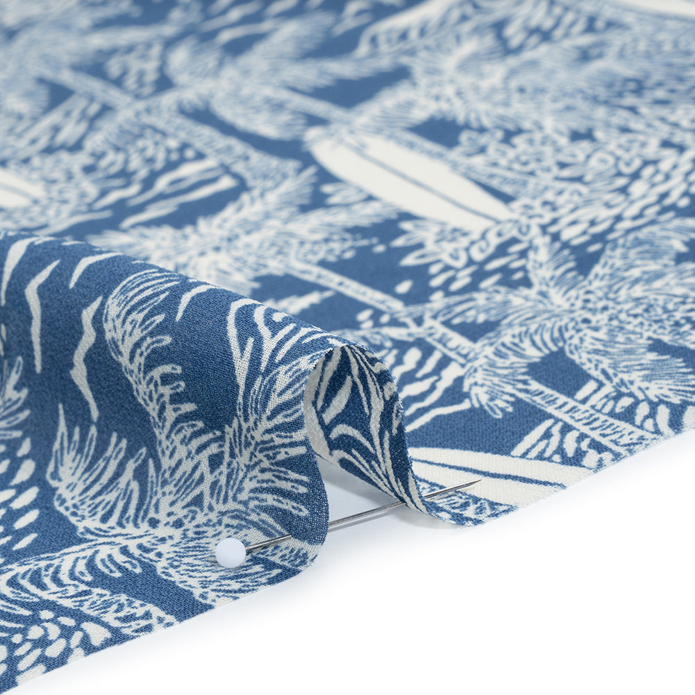 Viscose Georgette Print - Steel Blue and Light Cream Beach Surf Illustration - Designer Deadstock - Detail Viscose Georgette Print - Steel Blue and Light Cream Beach Surf Illustration - Designer Deadstock - Detail