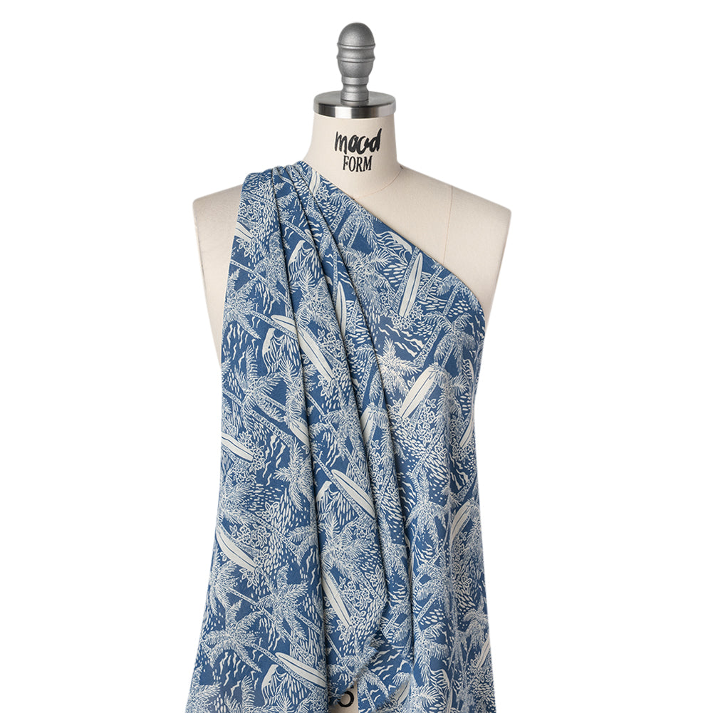 Viscose Georgette Print - Steel Blue and Light Cream Beach Surf Illustration - Designer Deadstock - Drape Viscose Georgette Print - Steel Blue and Light Cream Beach Surf Illustration - Designer Deadstock - Drape
