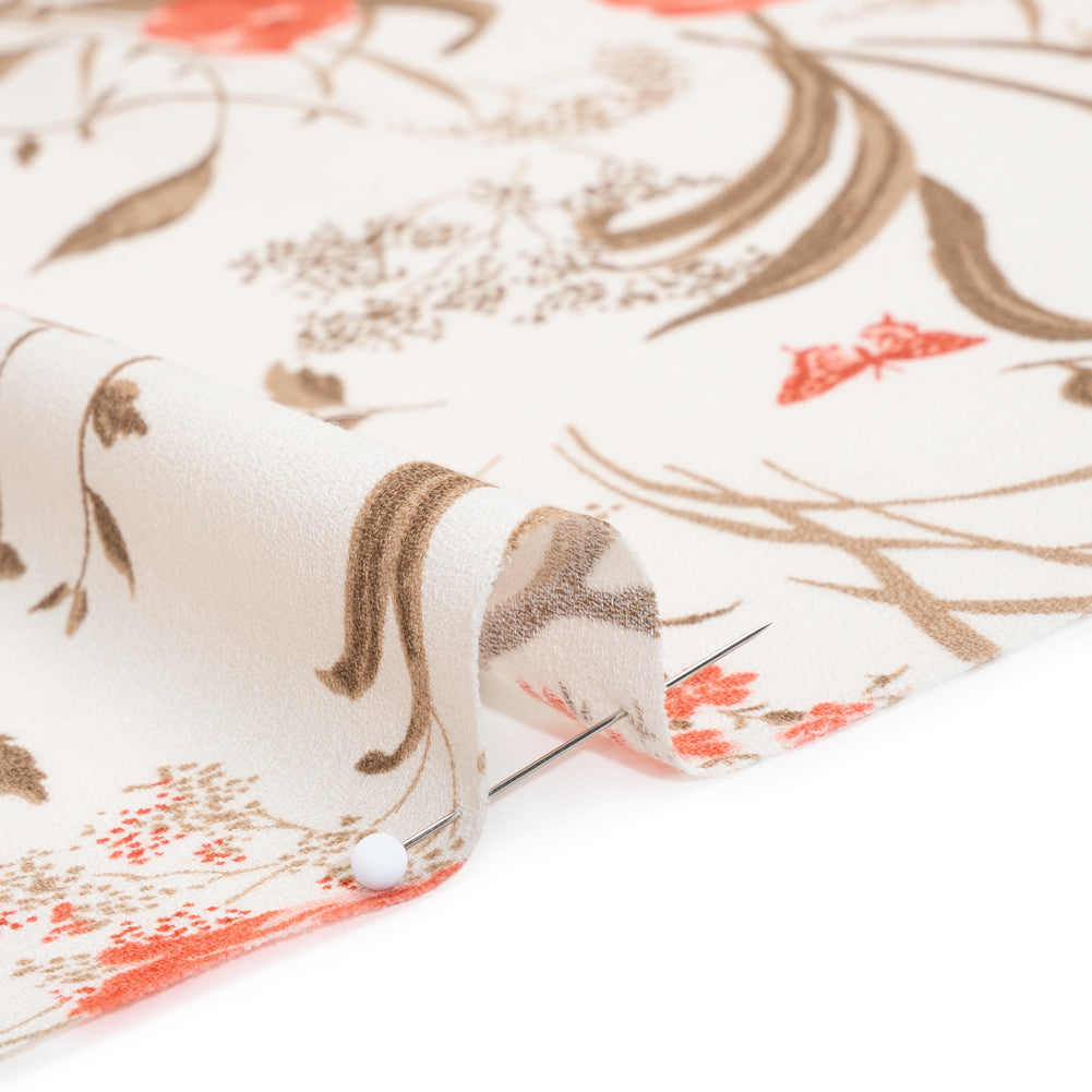 Sustainable Viscose Crepe Print - Tomato Red, Hazelnut Brown and Cream Floral - Designer Deadstock - Detail Sustainable Viscose Crepe Print - Tomato Red, Hazelnut Brown and Cream Floral - Designer Deadstock - Detail
