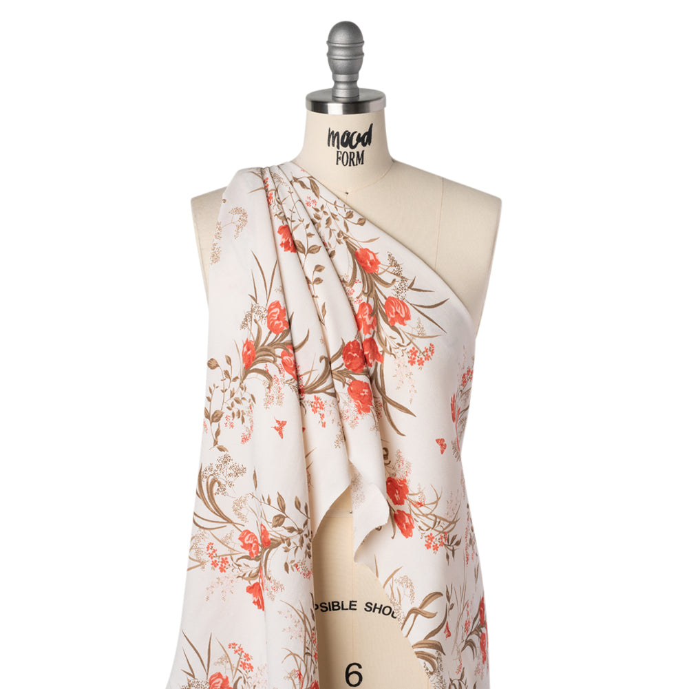 Sustainable Viscose Crepe Print - Tomato Red, Hazelnut Brown and Cream Floral - Designer Deadstock - Drape Sustainable Viscose Crepe Print - Tomato Red, Hazelnut Brown and Cream Floral - Designer Deadstock - Drape