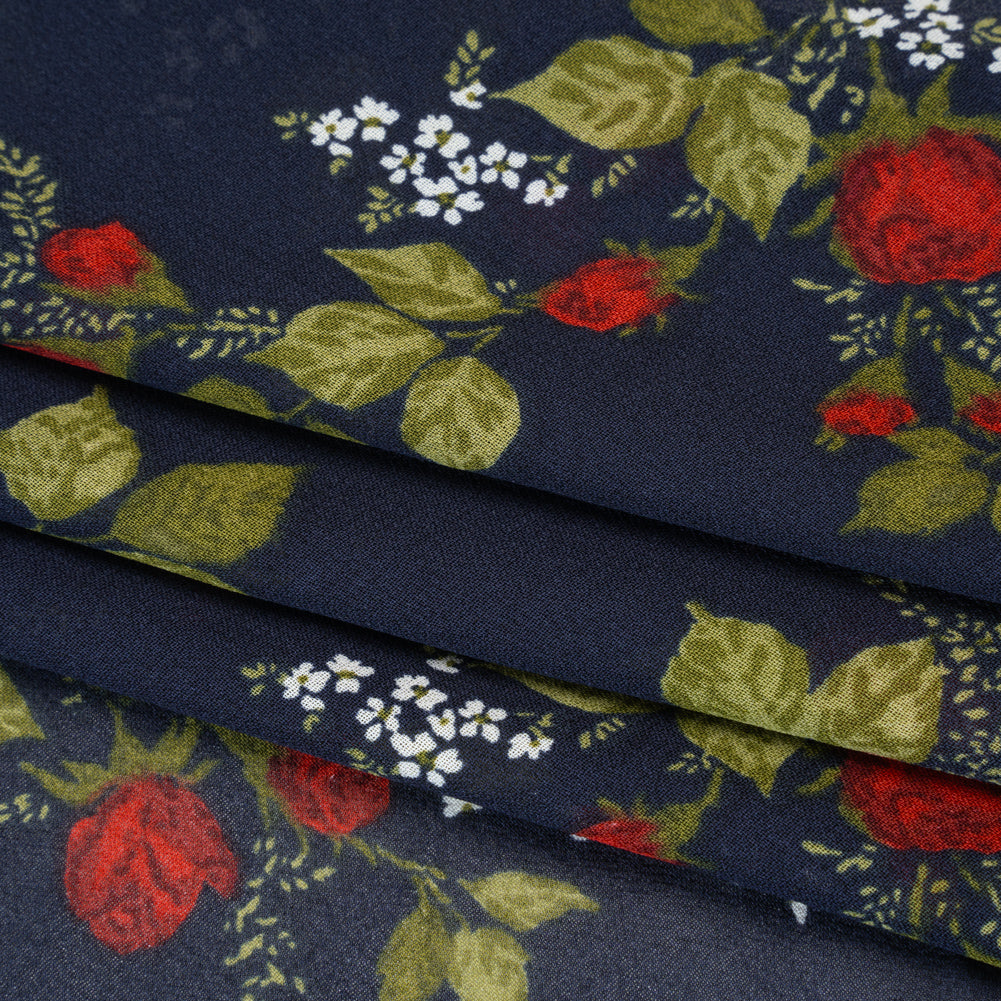 Viscose Georgette Print - Deep Midnight Blue, Dark Ruby Red and Jade Green Floral - Designer Deadstock - Folded Viscose Georgette Print - Deep Midnight Blue, Dark Ruby Red and Jade Green Floral - Designer Deadstock - Folded