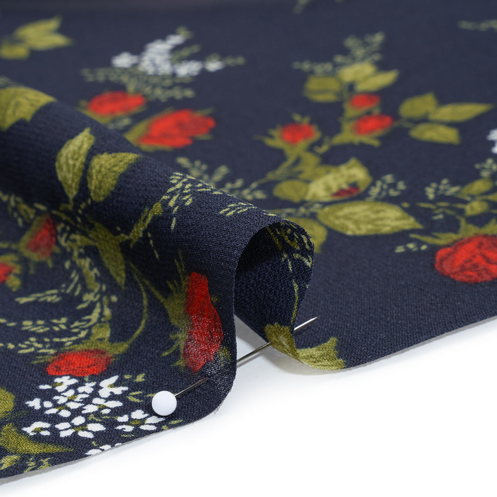 Viscose Georgette Print - Deep Midnight Blue, Dark Ruby Red and Jade Green Floral - Designer Deadstock - Detail Viscose Georgette Print - Deep Midnight Blue, Dark Ruby Red and Jade Green Floral - Designer Deadstock - Detail