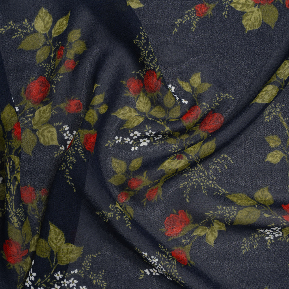 Viscose Georgette Print - Deep Midnight Blue, Dark Ruby Red and Jade Green Floral - Designer Deadstock Viscose Georgette Print - Deep Midnight Blue, Dark Ruby Red and Jade Green Floral - Designer Deadstock