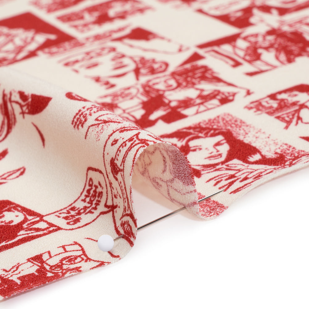 Sustainable Viscose Crepe Print - Lipstick Red and Cream Comic Book Illustration - Designer Deadstock - Detail Sustainable Viscose Crepe Print - Lipstick Red and Cream Comic Book Illustration - Designer Deadstock - Detail