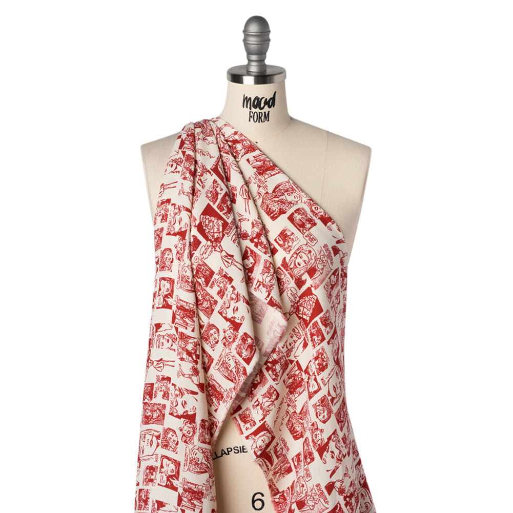 Sustainable Viscose Crepe Print - Lipstick Red and Cream Comic Book Illustration - Designer Deadstock - Drape Sustainable Viscose Crepe Print - Lipstick Red and Cream Comic Book Illustration - Designer Deadstock - Drape