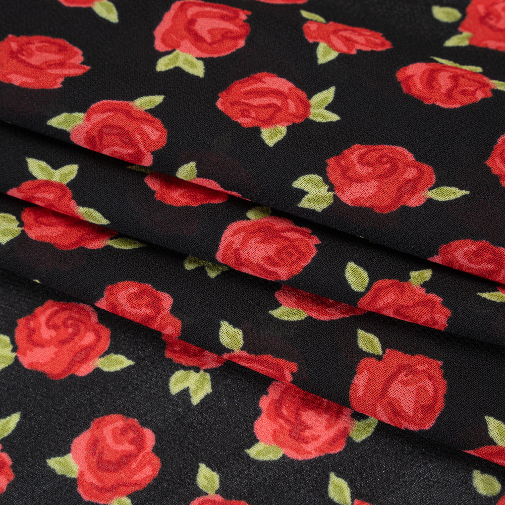 Viscose Georgette Print - Crimson Red and Black Rose Floral - Designer Deadstock - Folded Viscose Georgette Print - Crimson Red and Black Rose Floral - Designer Deadstock - Folded