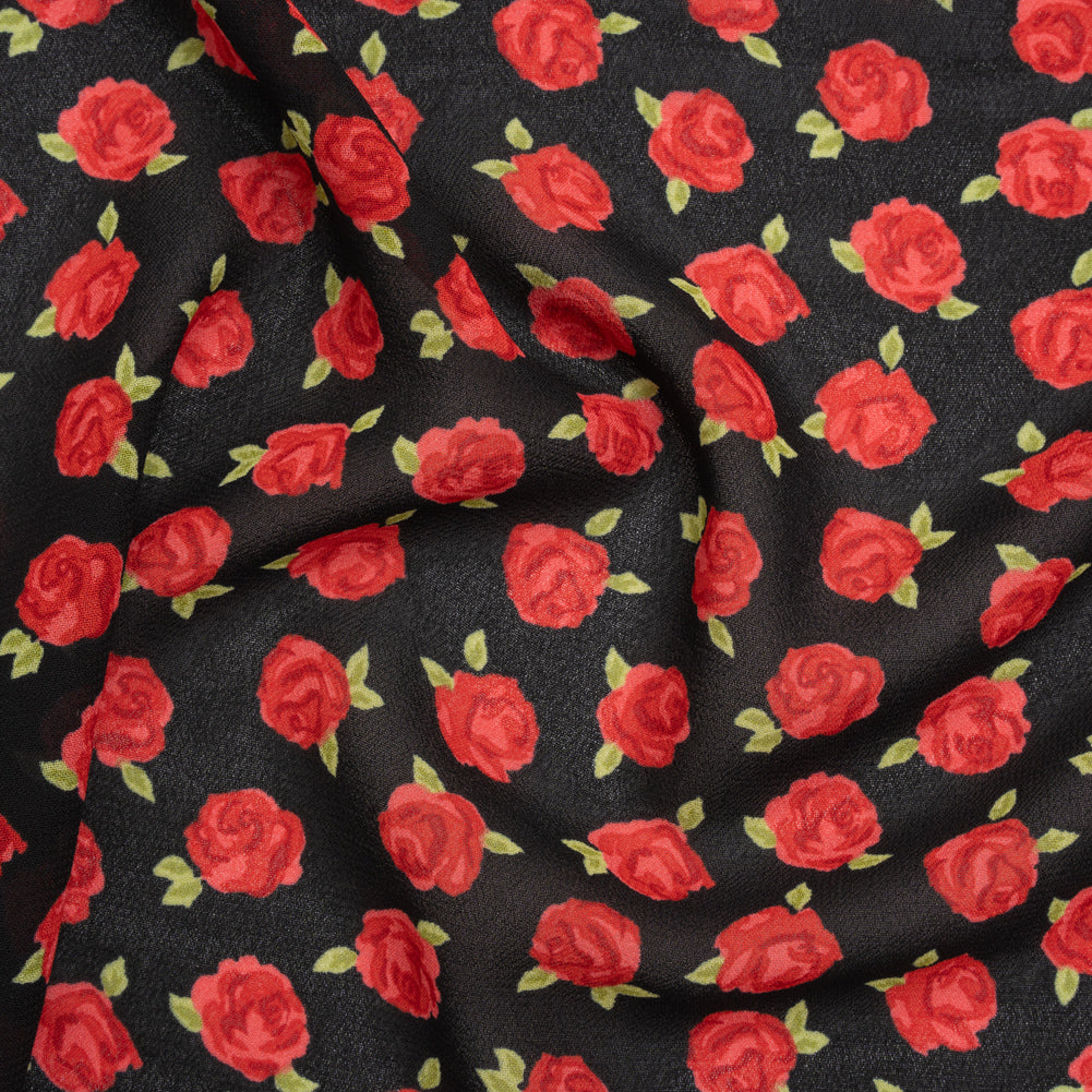 Viscose Georgette Print - Crimson Red and Black Rose Floral - Designer Deadstock Viscose Georgette Print - Crimson Red and Black Rose Floral - Designer Deadstock