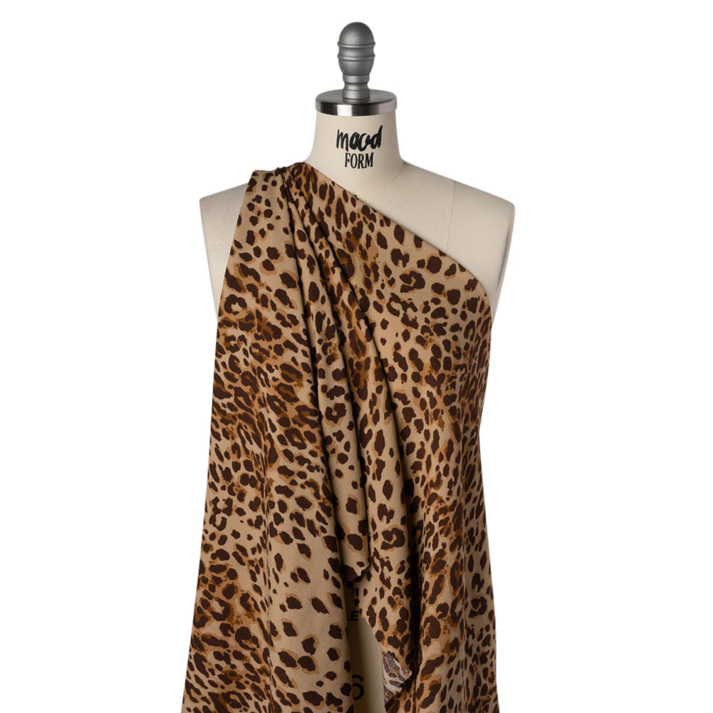 Sustainable Viscose Crepe Print - Chocolate Brown and Toffee Tan Leopard Spots - Designer Deadstock - Drape Sustainable Viscose Crepe Print - Chocolate Brown and Toffee Tan Leopard Spots - Designer Deadstock - Drape
