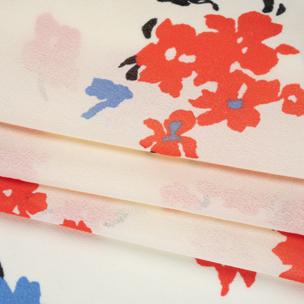 Viscose Georgette Print - Vivid Coral Red, Cornflower Blue and Cream Floral - Designer Deadstock - Folded Viscose Georgette Print - Vivid Coral Red, Cornflower Blue and Cream Floral - Designer Deadstock - Folded