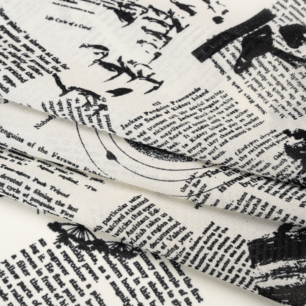 Viscose Georgette Print - Black and Off White Newspaper Print - Designer Deadstock - Folded Viscose Georgette Print - Black and Off White Newspaper Print - Designer Deadstock - Folded