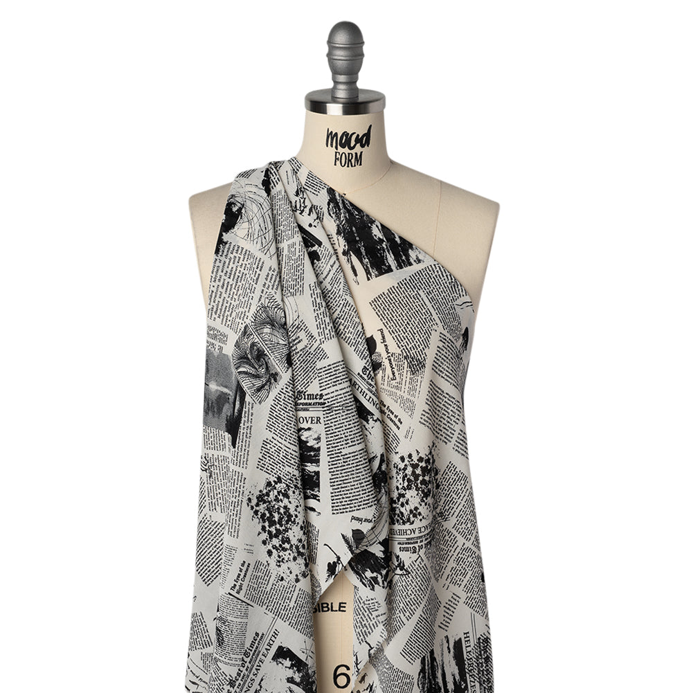 Viscose Georgette Print - Black and Off White Newspaper Print - Designer Deadstock - Drape Viscose Georgette Print - Black and Off White Newspaper Print - Designer Deadstock - Drape