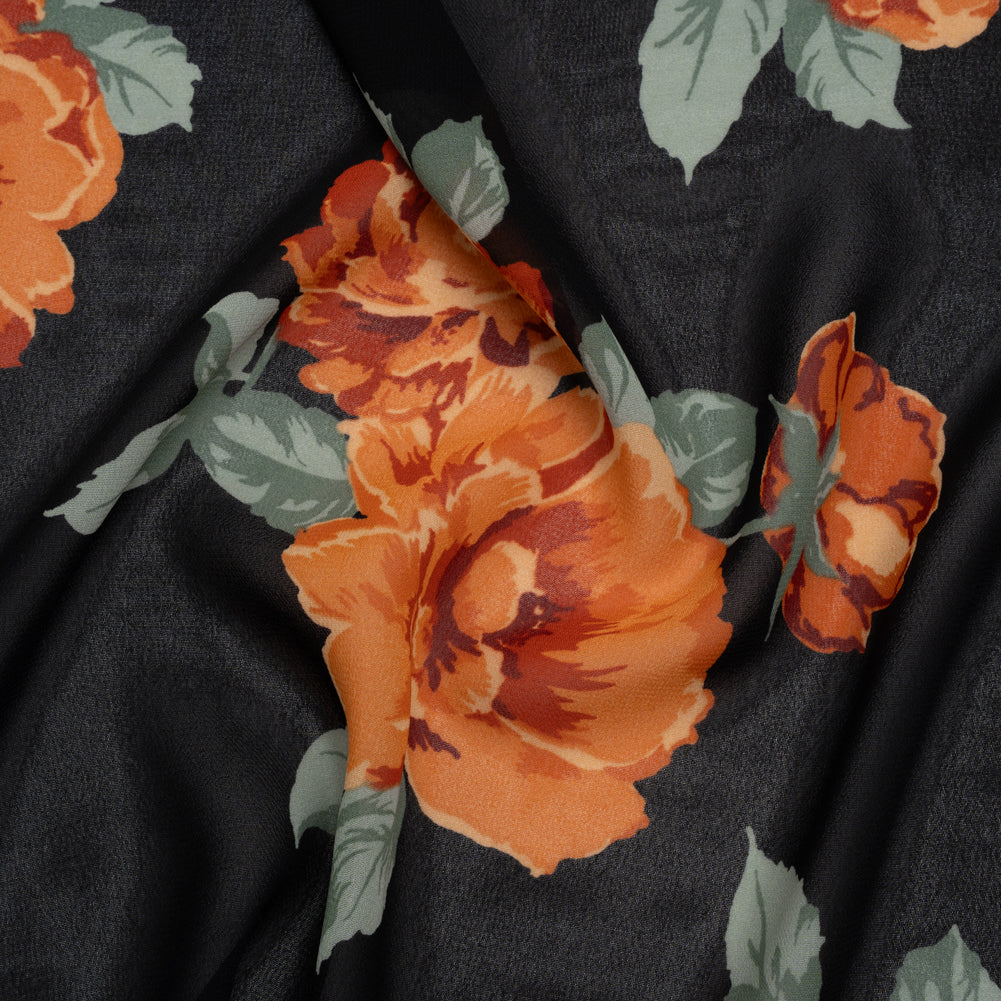 Viscose Georgette Print by The Reformation - Vivid Orange, Burgundy Red and Black Floral - Deadstock Viscose Georgette Print by The Reformation - Vivid Orange, Burgundy Red and Black Floral - Deadstock