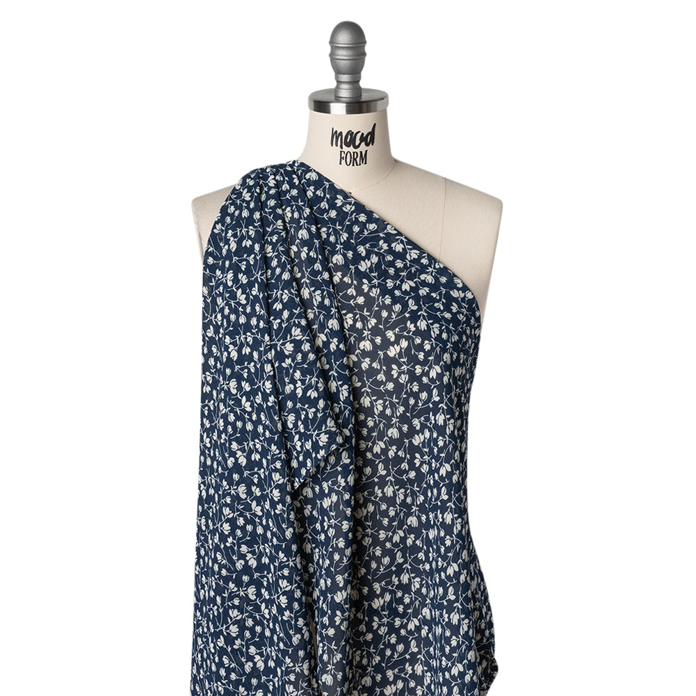 Viscose Georgette Print by The Reformation - Midnight Blue and White Wispy Floral - Deadstock - Drape Viscose Georgette Print by The Reformation - Midnight Blue and White Wispy Floral - Deadstock - Drape