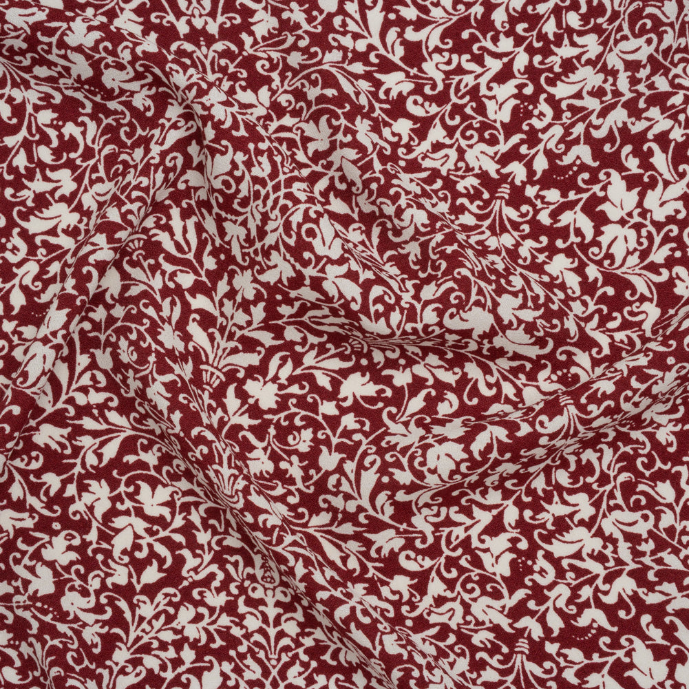 Sustainable Viscose Crepe Print by The Reformation - Deep Ruby Red and White Victorian Foliage - Deadstock Sustainable Viscose Crepe Print by The Reformation - Deep Ruby Red and White Victorian Foliage - Deadstock