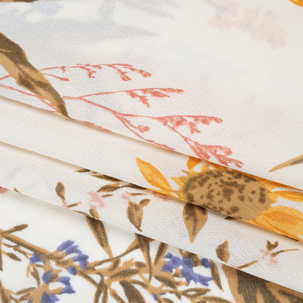 Viscose Georgette Print by The Reformation - Marigold Yellow, Light Indigo Purple and Mocha Brown Wildflower Floral - Deadstock - Folded Viscose Georgette Print by The Reformation - Marigold Yellow, Light Indigo Purple and Mocha Brown Wildflower Floral - Deadstock - Folded