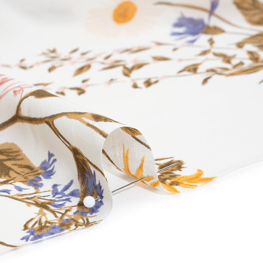 Viscose Georgette Print by The Reformation - Marigold Yellow, Light Indigo Purple and Mocha Brown Wildflower Floral - Deadstock - Detail Viscose Georgette Print by The Reformation - Marigold Yellow, Light Indigo Purple and Mocha Brown Wildflower Floral - Deadstock - Detail