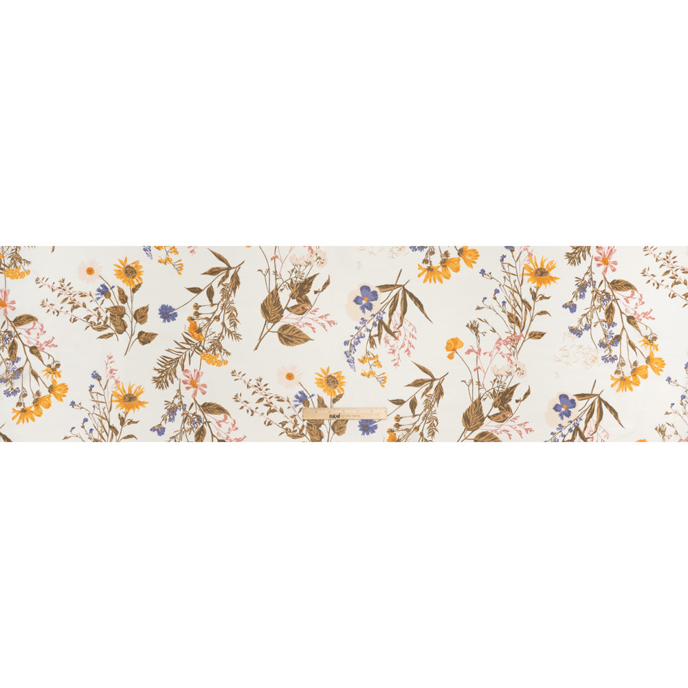 Viscose Georgette Print by The Reformation - Marigold Yellow, Light Indigo Purple and Mocha Brown Wildflower Floral - Deadstock - Full Viscose Georgette Print by The Reformation - Marigold Yellow, Light Indigo Purple and Mocha Brown Wildflower Floral - Deadstock - Full