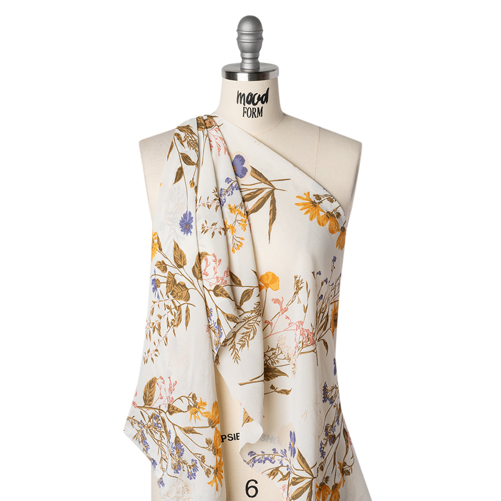 Viscose Georgette Print by The Reformation - Marigold Yellow, Light Indigo Purple and Mocha Brown Wildflower Floral - Deadstock - Drape Viscose Georgette Print by The Reformation - Marigold Yellow, Light Indigo Purple and Mocha Brown Wildflower Floral - Deadstock - Drape