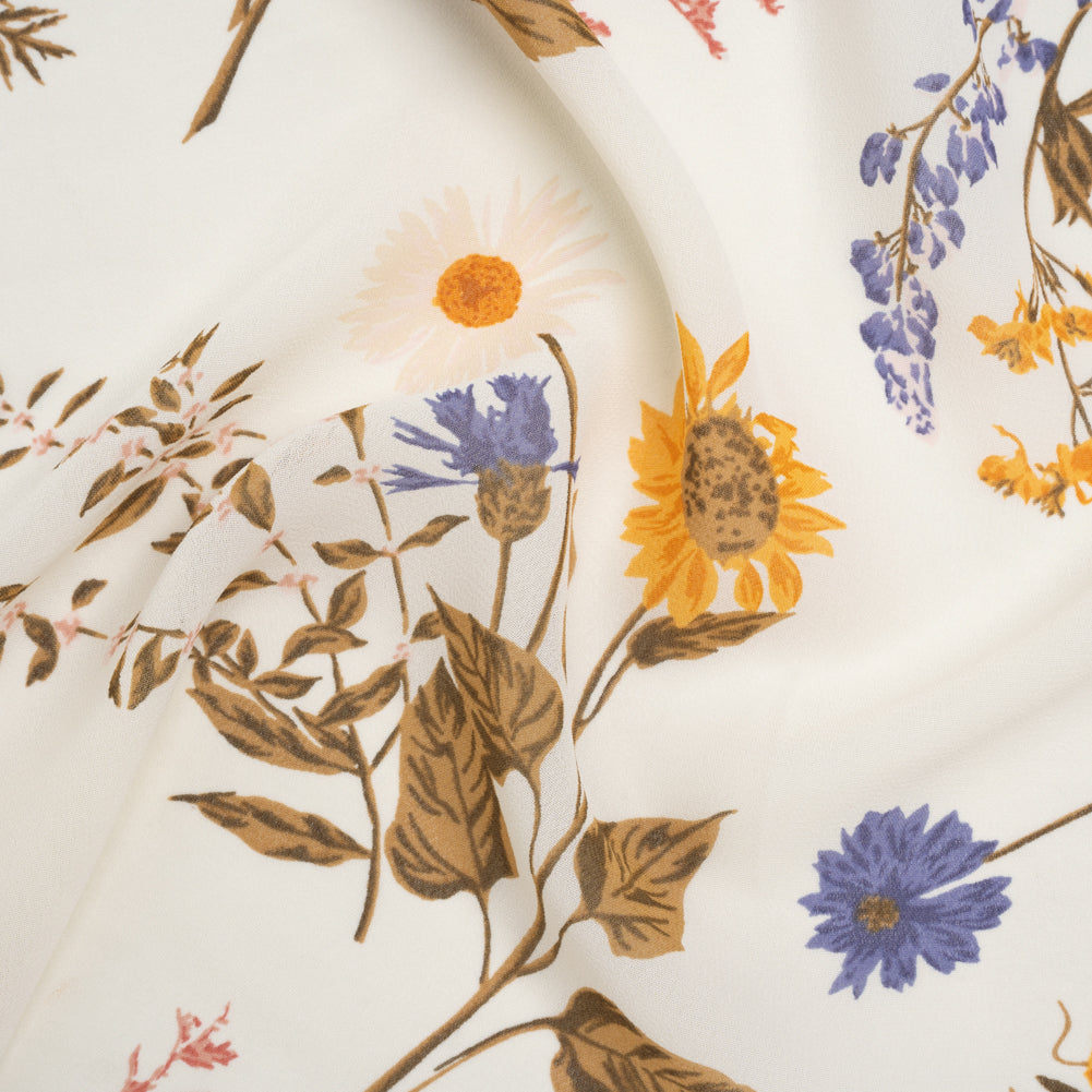 Viscose Georgette Print by The Reformation - Marigold Yellow, Light Indigo Purple and Mocha Brown Wildflower Floral - Deadstock Viscose Georgette Print by The Reformation - Marigold Yellow, Light Indigo Purple and Mocha Brown Wildflower Floral - Deadstock