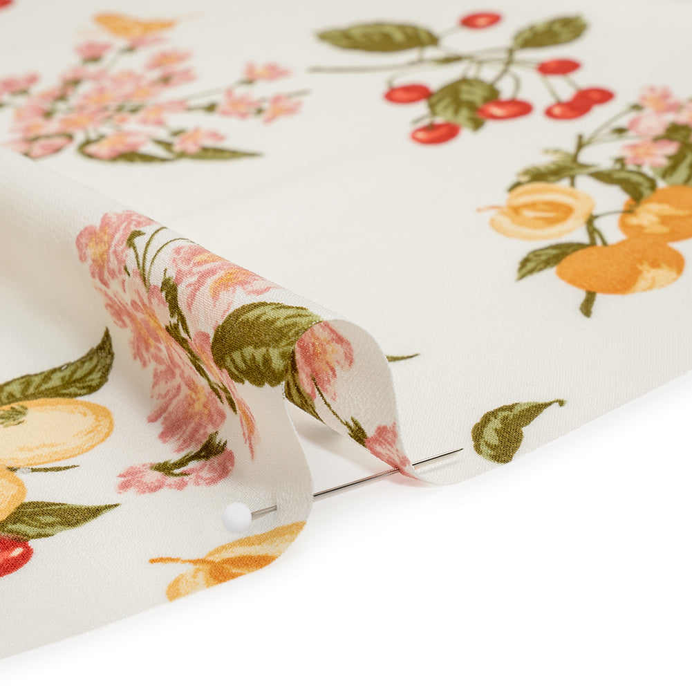 Viscose Georgette Print - Dark Scarlet Red, Dark Pink and Dark Amber Yellow Fruit and Floral - Designer Deadstock - Detail Viscose Georgette Print - Dark Scarlet Red, Dark Pink and Dark Amber Yellow Fruit and Floral - Designer Deadstock - Detail