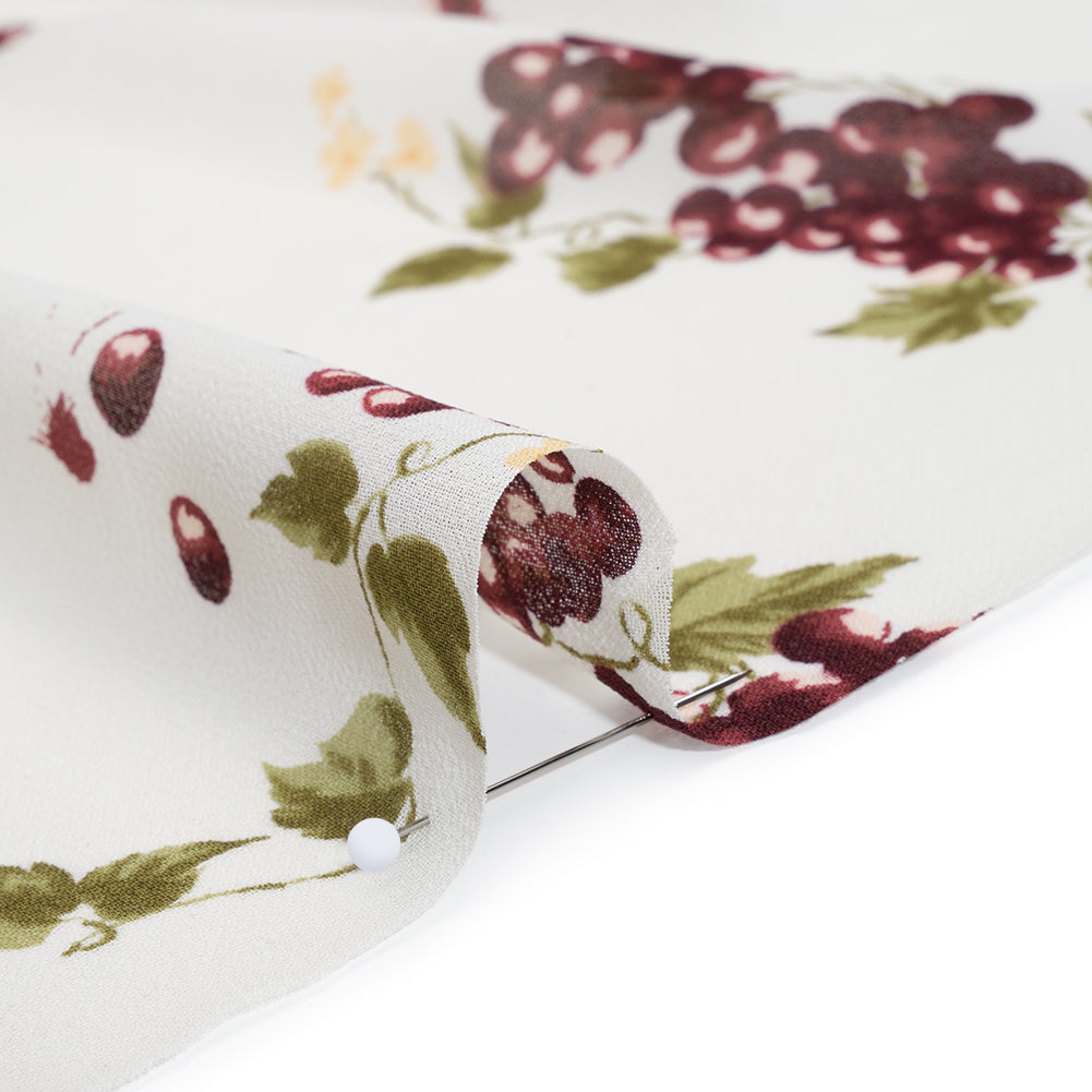 Viscose Georgette Print - Plum Purple, Moss Green and Bright Cream Grapevine Watercolor Illustration - Designer Deadstock - Detail Viscose Georgette Print - Plum Purple, Moss Green and Bright Cream Grapevine Watercolor Illustration - Designer Deadstock - Detail
