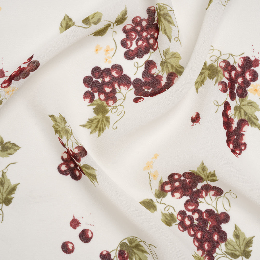Viscose Georgette Print - Plum Purple, Moss Green and Bright Cream Grapevine Watercolor Illustration - Designer Deadstock Viscose Georgette Print - Plum Purple, Moss Green and Bright Cream Grapevine Watercolor Illustration - Designer Deadstock