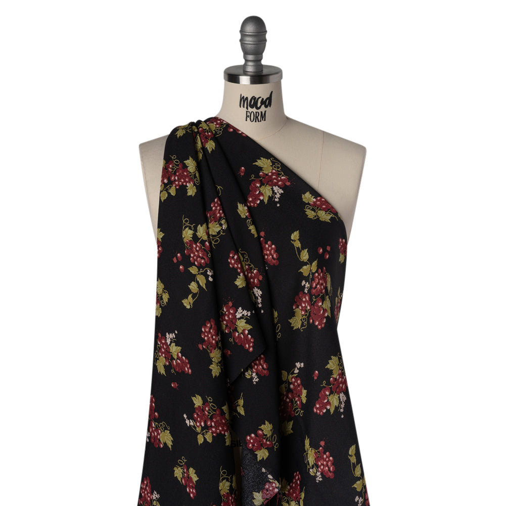 Sustainable Viscose Crepe Print by The Reformation - Black and Sangria Purple Grapes Illustration - Deadstock - Drape Sustainable Viscose Crepe Print by The Reformation - Black and Sangria Purple Grapes Illustration - Deadstock - Drape