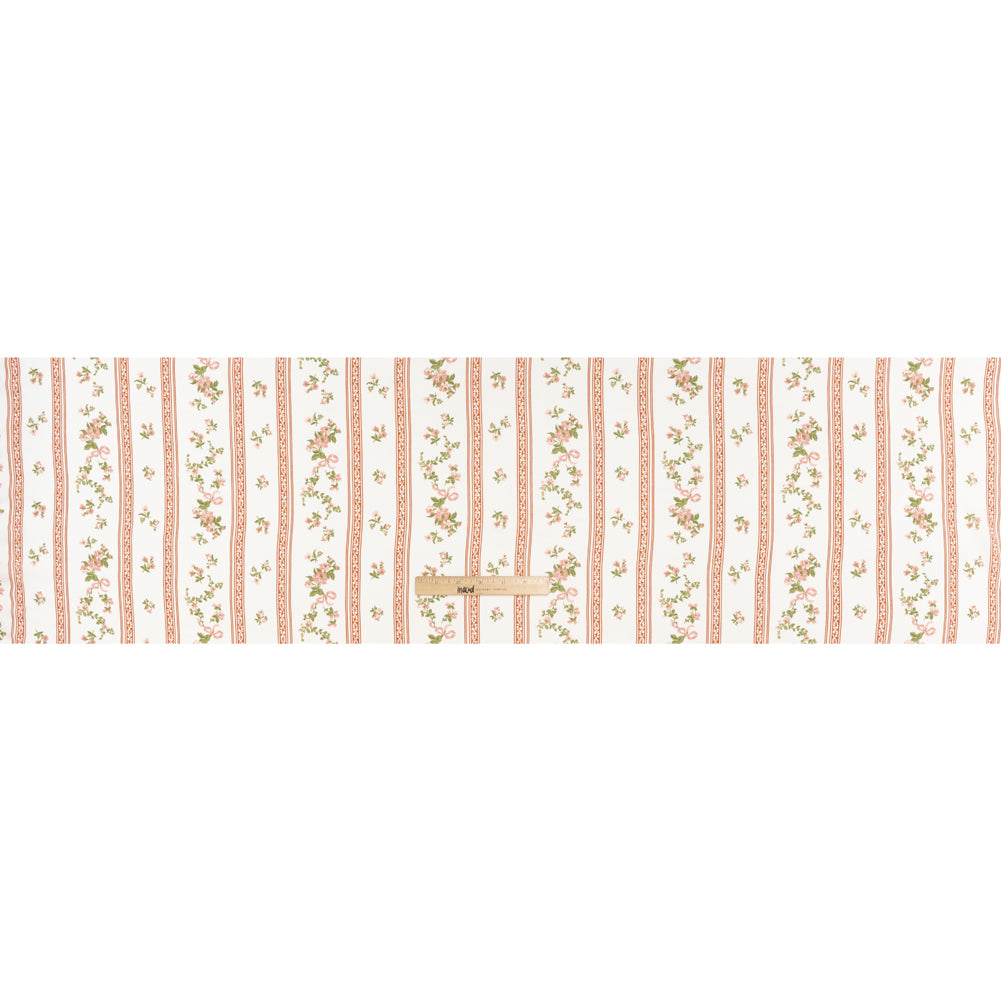 Viscose Georgette Print - Carnation Pink, Autumn Green and Off White Floral and Stripes - Designer Deadstock - Full Viscose Georgette Print - Carnation Pink, Autumn Green and Off White Floral and Stripes - Designer Deadstock - Full