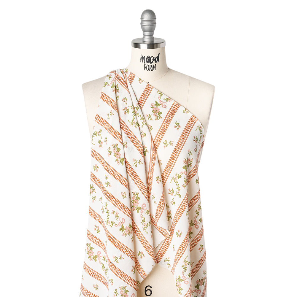Viscose Georgette Print - Carnation Pink, Autumn Green and Off White Floral and Stripes - Designer Deadstock - Drape Viscose Georgette Print - Carnation Pink, Autumn Green and Off White Floral and Stripes - Designer Deadstock - Drape
