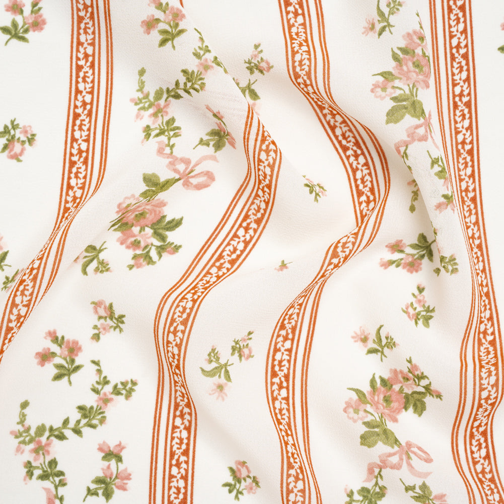 Viscose Georgette Print - Carnation Pink, Autumn Green and Off White Floral and Stripes - Designer Deadstock Viscose Georgette Print - Carnation Pink, Autumn Green and Off White Floral and Stripes - Designer Deadstock
